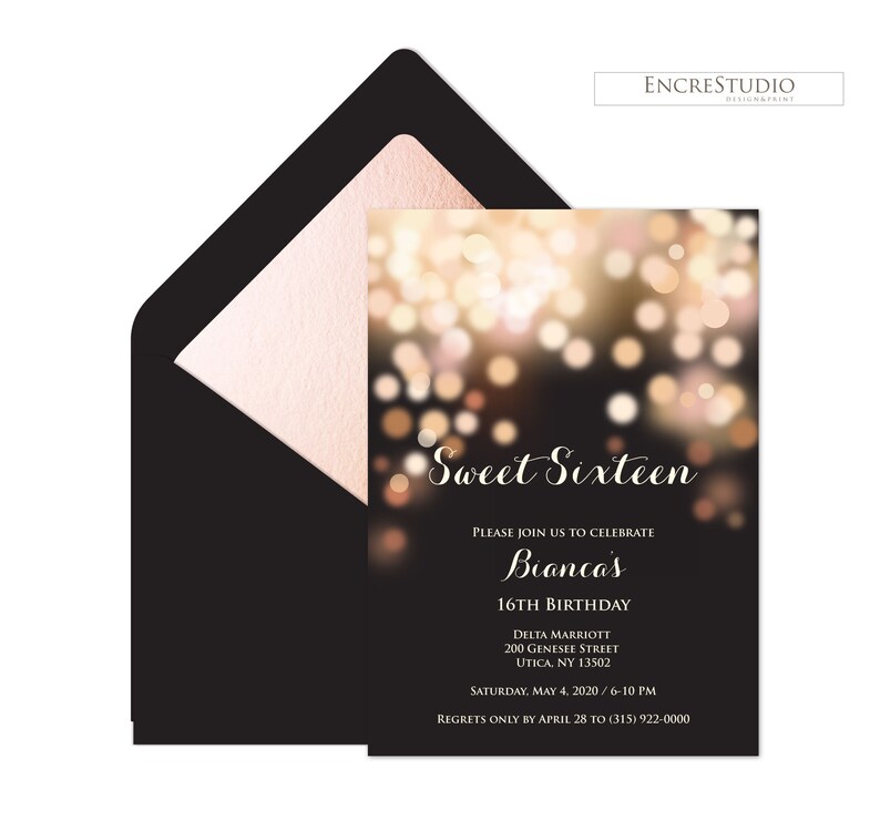Instant Download Editable Quinceanera InvitationTemplate Rose Gold and Black Bokeh Sweet Sixteen Invitation