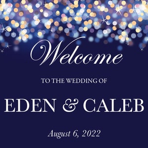 Wedding Welcome Sign, Starry Night Rehearsal Signage: Navy Blue and Gold (Editable Template)
