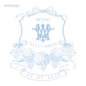 May include: A light blue graphic design featuring a shield outline topped with a ribbon bow. The centre displays the name MICHAEL WILLIAMSON with a monogram. Below are hydrangea flowers and a banner with the date 05.07.2026 printed on it.