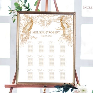 Wedding Seating Chart Editable Template - Gold Peacock and Orchids Guest Seating Chart