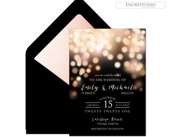 Wedding Invitation Editable Template - Gold and Black Bokeh Wedding Invitation Set with Save the date, Invitation, rsvp card