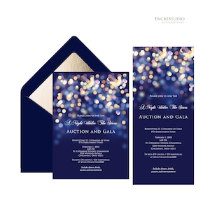 May include: A navy blue invitation and matching envelope featuring a bokeh light effect with gold and white circular patterns. The text reads A Night Under The Stars Auction and Gala, with event details for St. Catharine School Gymnasium.