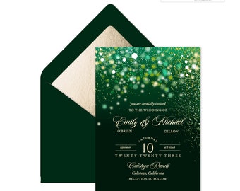 Wedding Invitation Editable Template - Gold and Green Sparkles Invitation Set