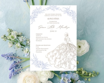 Op de afbeelding: Een witte rechthoekige uitnodigingskaart met een bruine lijntekening van een persoon in een baljurk, blauwe florale randillustraties en tekst waaronder "Ana and George Mendoza cordially invite you to the Quinceañera celebration of their daughter Giana Lola Mendoza" op 15 juni.