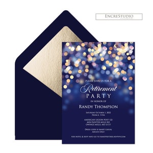 Editable Retirement Party Invitation, Rsvp and Welcome Sign Templates - Navy Blue and Gold Starry Night