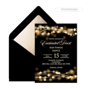 Bearbeitbare Abschlussball-Einladung und Ticket, A Night Under the Stars Schultanz-Einladung, Gold- und Schwarz-Lichterkette Digital Invite