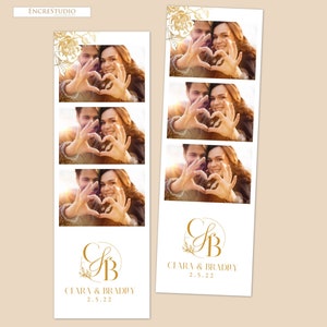 May include: Two vertical photo strips featuring three stacked images of a couple forming a heart shape with their hands. The strips include gold floral illustrations at the top, a gold monogram with the letters SB, and the text Clara & Bradify 2.5.22.