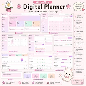 May include: An all-in-one digital planner interface featuring a light pink color scheme with various modules including a dashboard, monthly, weekly, and daily planners, assignment, study, habit, and goal trackers, notes, and a progress overview.