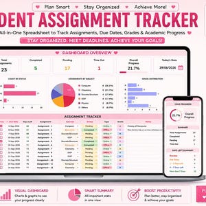 May include: A digital student assignment tracker spreadsheet displayed on a laptop and smartphone screen. The interface features a pink and white color scheme with charts, graphs, and tables for tracking assignments, due dates, grades, and academic progress.