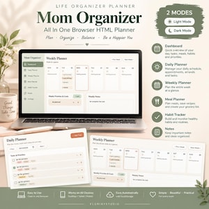 Könnte beinhalten: Ein digitaler Mom Organizer Browser HTML-Planer, der auf einem Laptop-Bildschirm und in zwei separaten Tablet-Ansichten angezeigt wird. Die Benutzeroberfläche umfasst einen Wochenplaner, Tagesplaner, ein Dashboard, einen Essensplaner und Notizen.