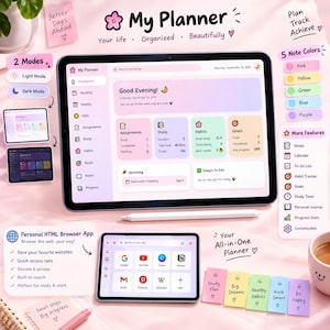 May include: A digital planner interface displayed on a tablet and a smaller mobile device. The screen shows a dashboard with sections for assignments, study, habits, and goals, featuring pastel colour schemes, icons, and text labels.