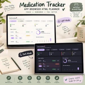 Peut inclure: Un planificateur HTML de navigateur d'application de suivi des médicaments numérique affiché sur deux écrans d'ordinateur portable, montrant des interfaces en mode clair et sombre. Le tableau de bord comprend des sections pour le suivi des doses, des rendez-vous, des rappels, des notes, des symptômes et des statistiques d'adhésion.