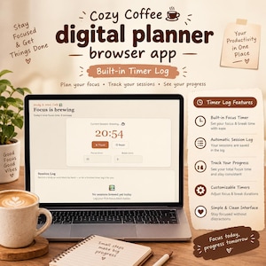 Op de afbeelding: Een laptop met een digitale planner-browserapp genaamd Cozy Coffee met een ingebouwd timerlogboek. Het scherm toont een focustimer ingesteld op 20:54, een sessielogboek en focusinstellingen. Tekst bevat Stay Focused & Get Things Done en Timer Log Features.