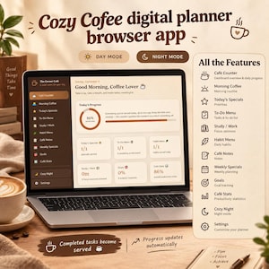 Könnte beinhalten: Ein Laptop zeigt die Cozy Coffee digitale Planer-Browser-App mit einem dunkelbraunen Seitenmenü, einem hellen Dashboard zur Fortschrittsanzeige und einer Liste von Funktionen wie Cafe Counter, Morning Coffee und To-Do Menu auf der rechten Seite.