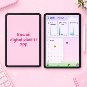 Pink html Kawaii planner- Planner browser app | 2027-2028 Planner Pro Dashboard Interactive graphs, habit & goal tracker, Instant Download