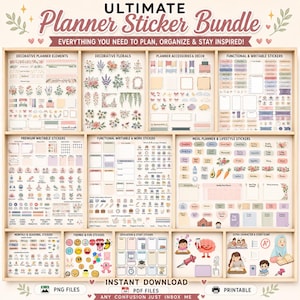 May include: A digital planner sticker bundle featuring various categories like decorative florals, functional writable stickers, meal planners, and study icons. The collection includes text labels such as Ultimate Planner Sticker Bundle.