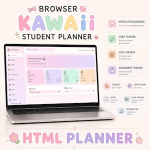 May include: A laptop displaying a digital student planner interface with pastel-colored widgets. The screen shows sections for assignments, study, habits, and goals. Text includes BROWSER KAWAII STUDENT PLANNER, HTML PLANNER, and feature labels like INTERACTIVE DASHBOARD, HABIT TRACKER, GOAL TRACKER, and ASSIGNMENT TRACKER.