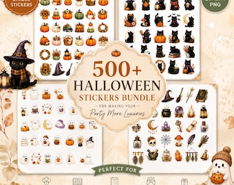 ハロウィンの印刷可能なステッカー500枚以上セット、かわいい秋のステッカー - DIYデカール、ハロウィンパーティーデコレーション、ギフトタグ、招待状 - 即時ダウンロード