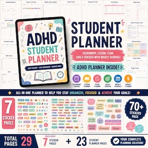 Back to School ADHD Student Digital Planner with 7 Sticker Pages, Academic Study Planner for iPad, College & School Planner PDF