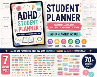 新学期準備用ADHD学生向けデジタルプランナー（ステッカーページ7枚付き）、iPad用学習プランナー、大学・学校向けプランナー（PDF版）