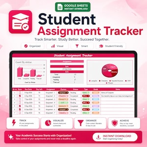 May include: A digital Student Assignment Tracker spreadsheet displayed on a screen, featuring a bar chart, a pie chart, and a detailed table with columns for due dates, assignments, courses, status, and grades, all presented in a pink and white theme.