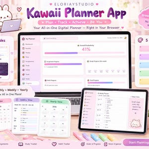 May include: A digital planner app interface displayed on a laptop and tablet screen. The dashboard features progress bars, task lists, and calendar views in pink and purple tones. Text includes Kawaii Planner App, Plan, Track, Achieve, Be You, and 2 Modes.
