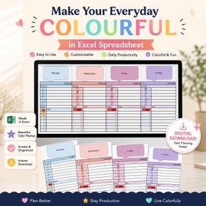May include: A digital Excel spreadsheet planner displayed on a monitor and printed sheets, featuring colorful daily columns for Monday, Wednesday, Friday, and Sunday. The layout includes to-do lists, priority sections, and work trackers with checkboxes.