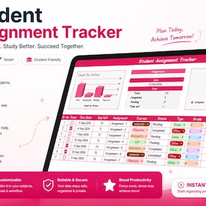 May include: A digital Student Assignment Tracker template for Google Sheets featuring a pink and white interface. The display shows a dashboard with bar charts, a pie chart, and a detailed assignment table with columns for dates, status, and grades.