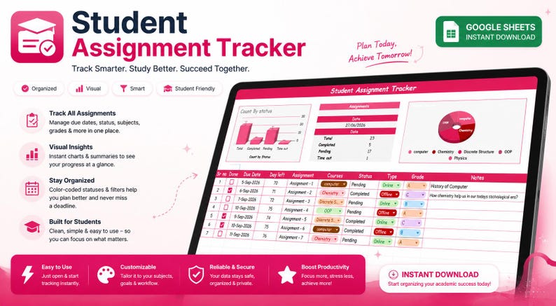 May include: A digital Student Assignment Tracker template for Google Sheets featuring a pink and white interface. The display shows a dashboard with bar charts, a pie chart, and a detailed assignment table with columns for dates, status, and grades.