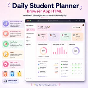 May include: A Daily Student Planner browser app HTML interface featuring a dashboard with assignment, goal, and habit trackers. The layout includes progress charts, a task list for May 10, 2025, and sidebar navigation icons. Text includes Plan better. Stay organized. Achieve more every day.