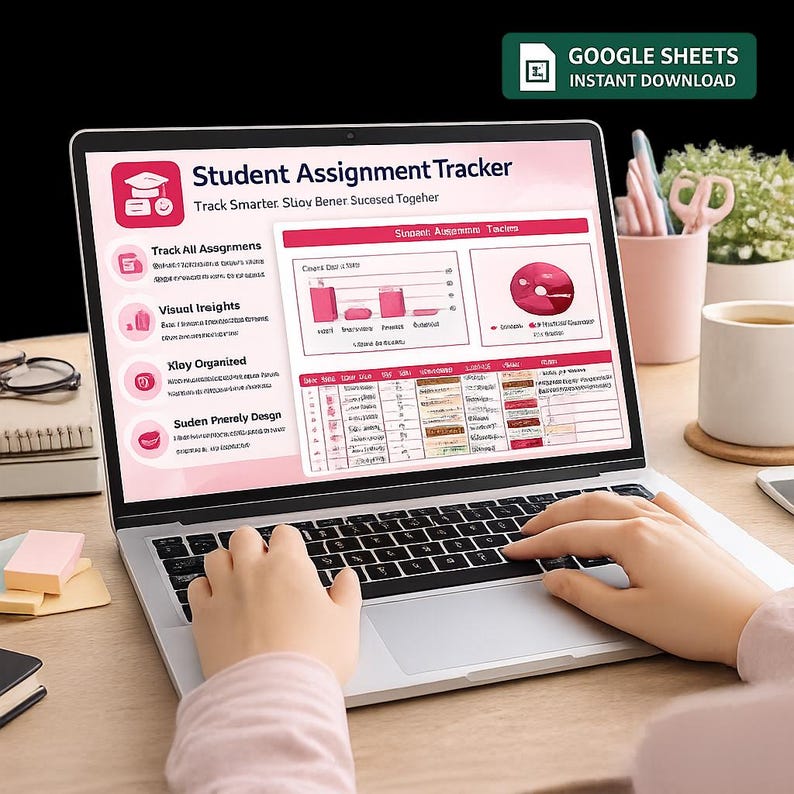 May include: A laptop screen displaying a Student Assignment Tracker spreadsheet template with pink accents, charts, and tables. The interface includes sections for tracking assignments, visual insights, and organization, with text headers and a Google Sheets icon.