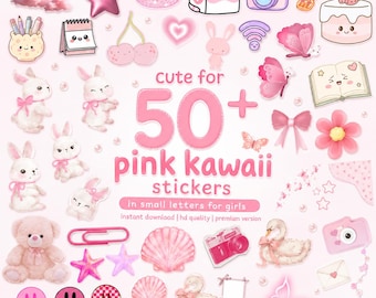 50枚以上のピンクパステルプランナーステッカー、かわいいカワイイスタイルの印刷可能なPNGバンドル、女の子のジャーナルステッカー、デジタルダウンロード