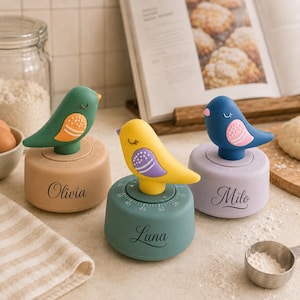 May include: Three round kitchen timers shaped like birds, each featuring a unique color combination and a personalized name printed on the base. The timers are labeled Olivia in tan, Luna in green, and Milo in light purple, with bird figures.
