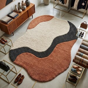 Hand Tufted Wool Rug, Abstract Irregular Shape, Terracotta Ivory Charcoal Carpet