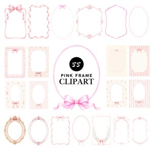 Puede incluir: Una colección de 55 imágenes prediseñadas de marcos rosas con diversas formas, incluyendo bordes rectangulares, ovalados y ornamentados. Muchos marcos están decorados con cintas rosas, lazos, detalles florales y patrones de rayas y puntos.