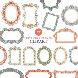 Puede incluir: Una colección de marcos decorativos con patrones florales de tulipanes y pequeñas flores en diversas formas y colores, incluyendo rosa, azul, verde y rojo. El texto 55 CUTE FOLK FRAMES CLIPART está centrado entre los diseños de los marcos.