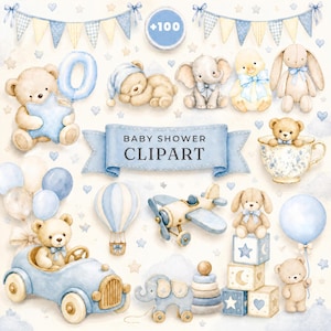 Könnte beinhalten: Eine Sammlung von Aquarell-Cliparts für Babypartys mit Teddybären, Elefanten, einer Ente, einem Hasen, einem blauen Auto, einem Spielzeugflugzeug, einem Heißluftballon, Bauklötzen und Wimpelketten mit dem Text BABY SHOWER CLIPART in der Mitte.