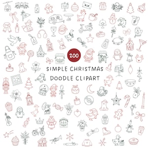 Könnte beinhalten: Eine Sammlung von 200 einfachen Weihnachts-Doodle-Cliparts in schwarzer und roter Strichzeichnung. Das Set enthält verschiedene weihnachtliche Illustrationen wie Weihnachtsmann, Rentiere, Ornamente, Bäume, Geschenke und Winteraccessoires auf weißem Grund.