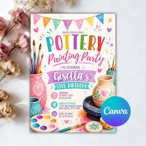 May include: A colorful invitation for a pottery painting party featuring watercolor illustrations of paintbrushes, a palette, and pottery. The text reads: Pottery Painting Party to celebrate Gisella's 10th Birthday, Saturday October 29th, 1787 Broadway Street.
