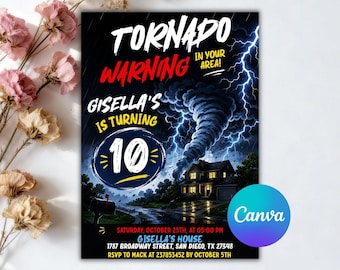 Einladung zur Tornado-Geburtstagsparty, Geburtstagseinladungen, Tornado-Party, Tornado-Geburtstag, Tornado-Einladungen, bearbeitbare Canva-Vorlage
