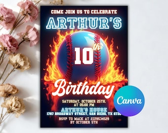 Invito per festa di baseball al neon, invito di compleanno a tema baseball, invito per festa sportiva, modello Canva modificabile