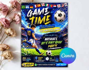Einladungsvorlage für eine Fußballgeburtstagsfeier, Einladung zur Fußballparty, Sporteinladung, Sofort-Download, bearbeitbare Canva-Datei