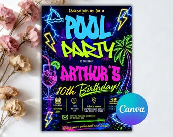 Einladung zur Poolparty-Geburtstagsfeier, Neon-Schwimm-Einladung für Jungen, Blau-Grüne Pool-Geburtstagseinladung für Jungen, Bearbeitbare Canva-Vorlage