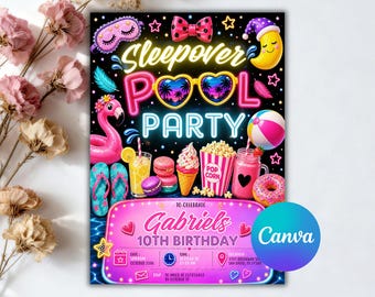 Geburtstagseinladung mit Übernachtung und Poolparty, Einladung zur Übernachtungsparty mit Schwimmbad, Rosa Mädchen, Teenager, Schwimmbad, Bearbeitbare Canva-Vorlage