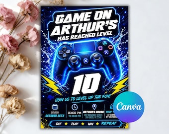 Videospiel-Geburtstagseinladung, Level-Up-Geburtstagseinladung, Arcade-Partyeinladung, Neon-Einladung, Leuchtender Videospieler, Bearbeitbare Canva-Datei