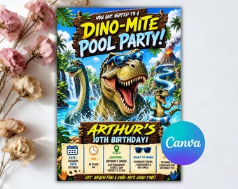 Dinosaurier-Lache-Party Einladung, Dino Splash Geburtstag einladen, Jurassic Geburtstagsfeier, Junge Geburtstag, bearbeitbare Canva Vorlage
