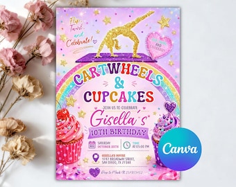 Geburtstagseinladung „Radschläge und Cupcakes“, Einladung zur Gymnastikparty, Einladung zum Turngeburtstag, bearbeitbare Canva-Vorlage