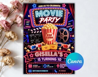 Einladung zum Geburtstag mit Filmabend, Einladung zur Filmparty, Kino-Einladung, Einladung zum Geburtstag mit Filmabend im Garten, bearbeitbare Canva-Vorlage