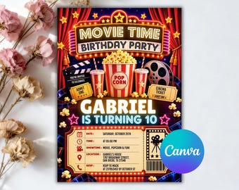 Einladung zum Geburtstag mit Filmabend, Einladung zur Filmparty, Kino-Einladung, Einladung zum Geburtstag mit Filmabend im Garten, bearbeitbare Canva-Vorlage