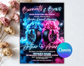 Burnouts oder Bögen Gender Reveal Babypartyeinladung, Junge oder Mädchen, Er oder Sie Gender Reveal Invite, Burnouts oder Bögen einladen, bearbeitbare Canva